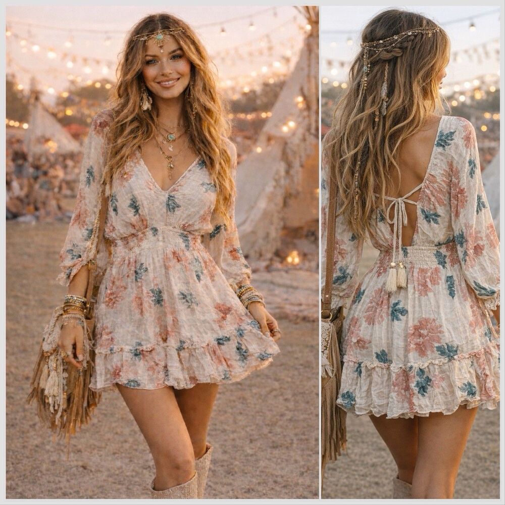 Open Back Tassle Tie Boho Festival Floral Gauze Mini Dress Smocked Waist Sz S